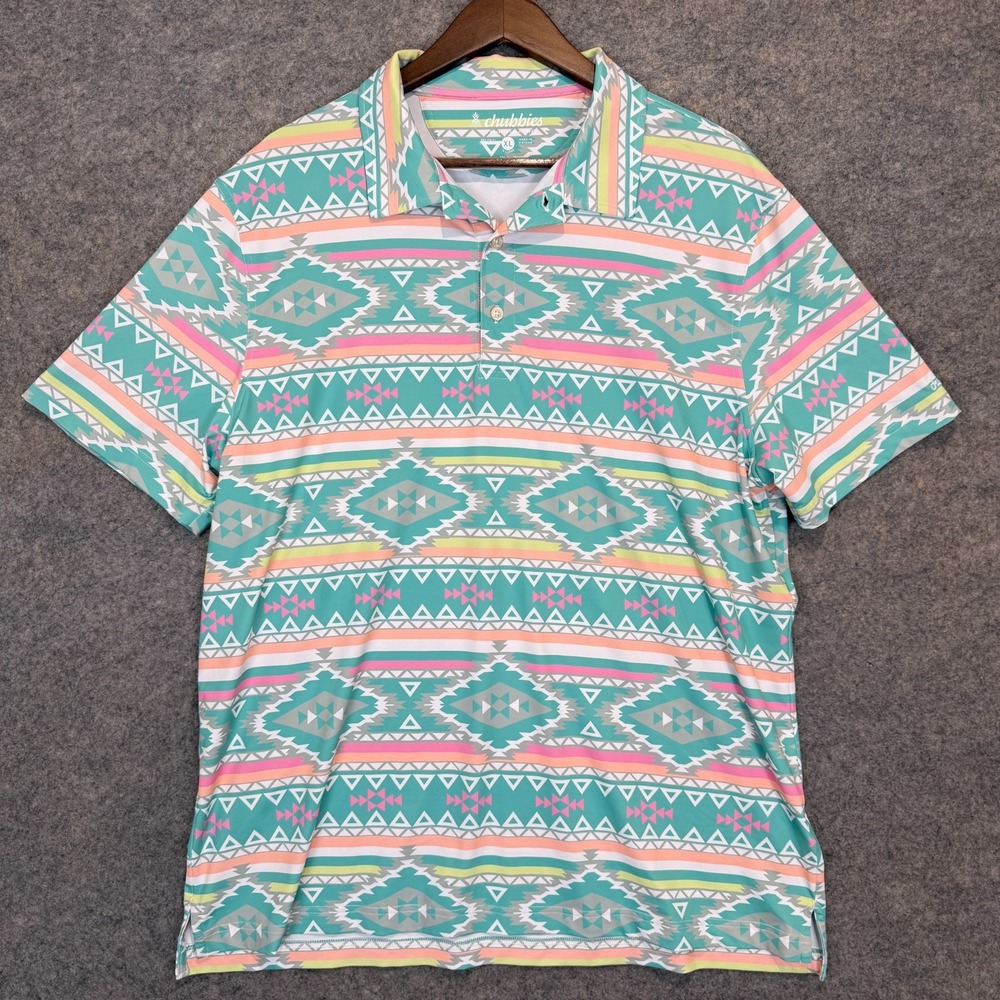 Chubbies Golf Polo Shirt Mens XL En Fuego Performance Vibrant Aztec Teal Diamond